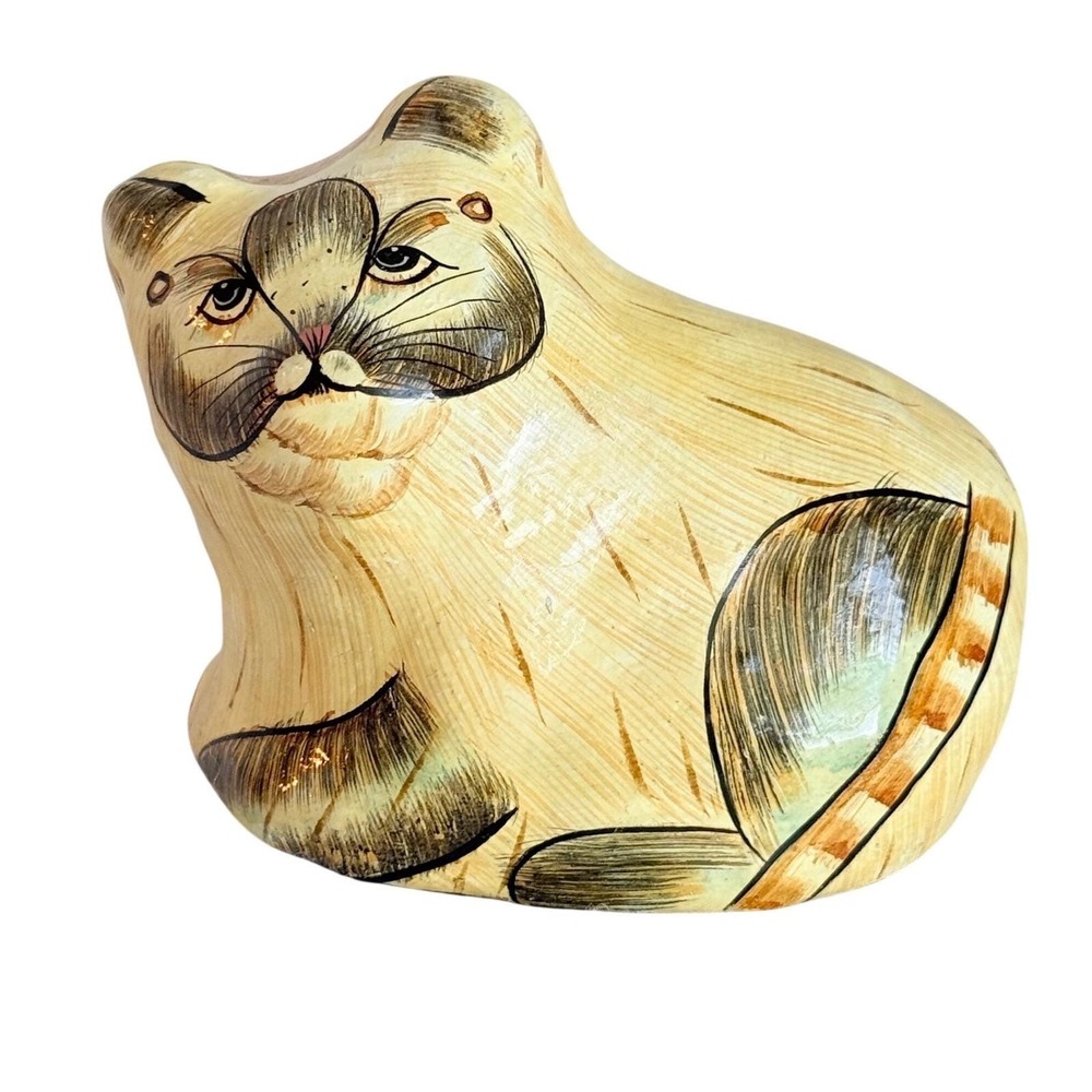 Archana Handicrafts Cat Figurine Cream Brown Hand Painted Paper Mache India Flk